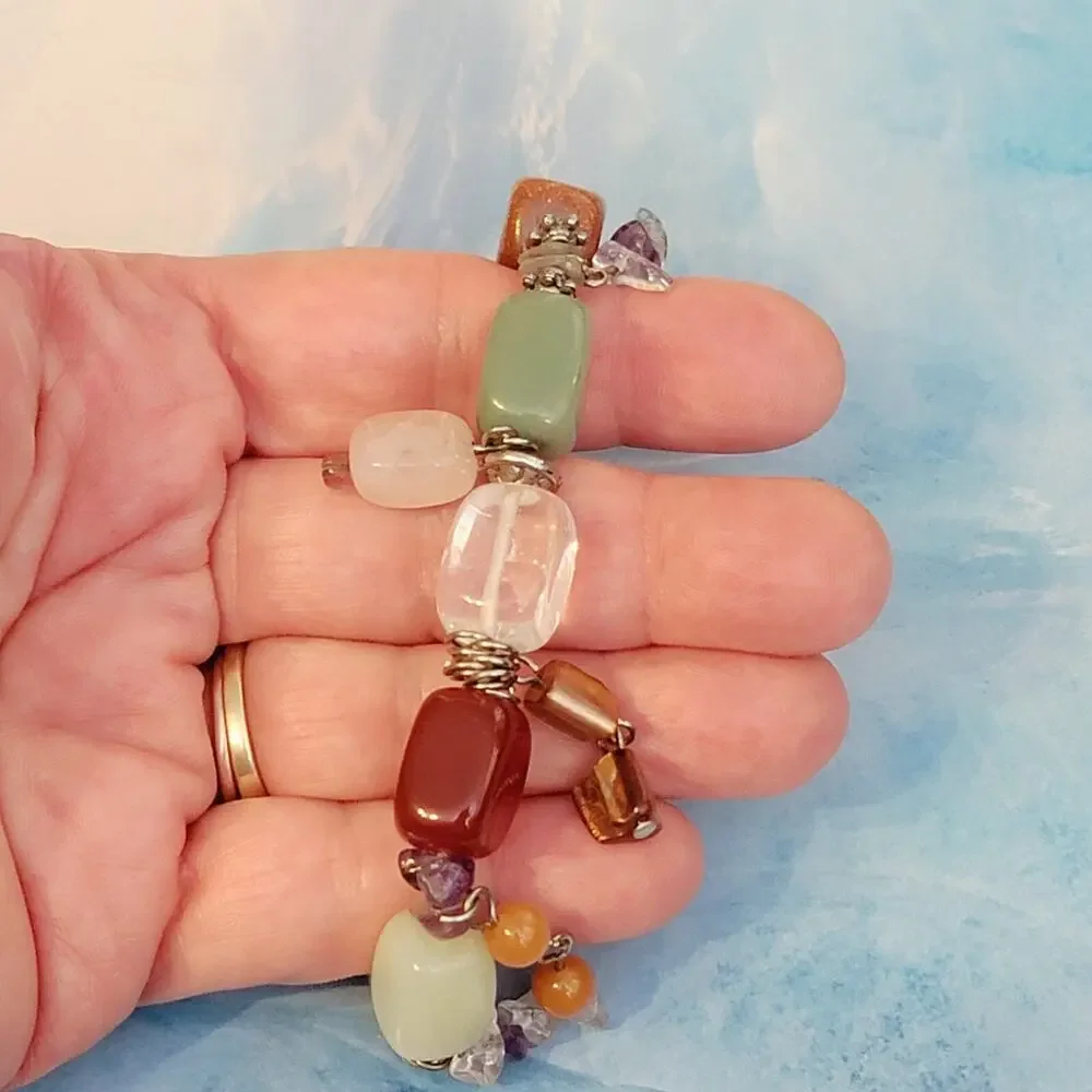 Vintage‎ Semi-Precious Gemstone & Agate Chunky Beaded Stretch Bracelet sbr-9